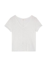 Vit kortärmad T-shirt med V-ringning i mjukt, något strukturerat tyg, liggande platt på en vit bakgrund.