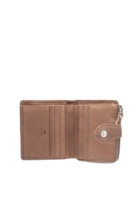 Braune Lederbrieftasche mit mehreren Kartenfächern, einem Reißverschlussfach, glatter Textur und einem Druckknopfverschluss.