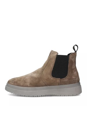 Stivali alla caviglia in suede marrone con pannelli laterali elasticizzati, un tassello per la presa e una suola in gomma grigia dotata di un motivo di trazione per la presa.