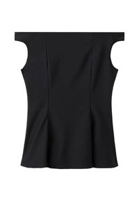 Zwarte off-shoulder top gemaakt van een gladde stof, met korte mouwen en een uitlopende zoom voor een gestructureerd ontwerp.