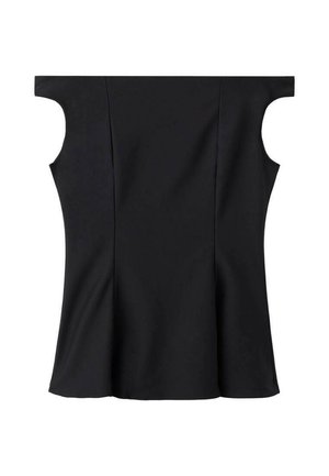 Zwarte off-shoulder top gemaakt van een gladde stof, met korte mouwen en een uitlopende zoom voor een gestructureerd ontwerp.