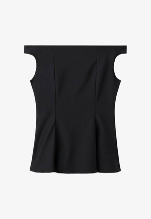 Black off-shoulder top made from a smooth fabric, featuring short sleeves and a flared hemline for a structured design.