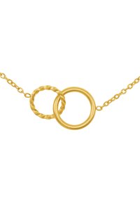 Collana d'oro con un anello attorcigliato e un anello liscio, entrambi collegati da una delicata catena. Il contrasto di texture tra le superfici attorcigliate e piatte.