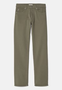 Jeans w kolorze oliwkowym, wykonane z mieszanki bawełny, z przednimi kieszeniami, metalowymi elementami i prostym krojem z czystymi brzegami.