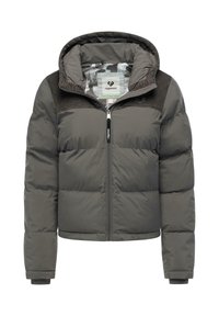 Pakket grå jakke med hette, med glidelås foran, ribbestrikkede mansjetter og teksturerte skulderdetaljer. Innvendig fôr har et diskret mønster.