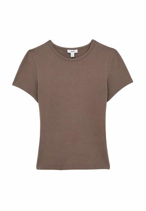T-shirt marrone a maniche corte realizzato in tessuto morbido, con scollatura rotonda e una vestibilità aderente caratterizzata da dettagli di cucitura sottili.
