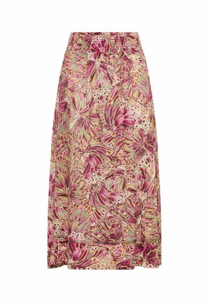 Gonna midi con motivo di ali di farfalla rosa, viola e verde su sfondo crema e fascia elastica in vita.