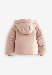 Puffige rosa Jacke mit Kapuze, die eine glatte Textur und elastische Bündchen aufweist. Der Rücken hat einen leicht verkürzten Schnitt und ein kastiges Design.