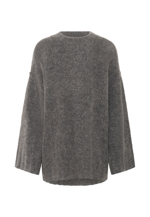Oversized gray sweater made of soft, textured fabric, featuring a rounded neckline and dropped shoulder seams for a relaxed fit.