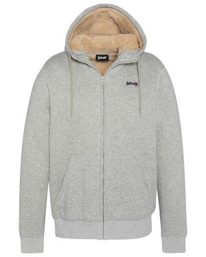 Grijze ritssluiting hoodie met een zachte beige sherpa voering, voorzakken en ribgebreide manchetten en zoom. Kenmerkt het Schott-logo op de borst.