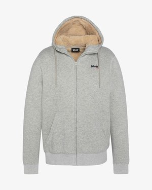 Grijze ritssluiting hoodie met een zachte beige sherpa voering, voorzakken en ribgebreide manchetten en zoom. Kenmerkt het Schott-logo op de borst.