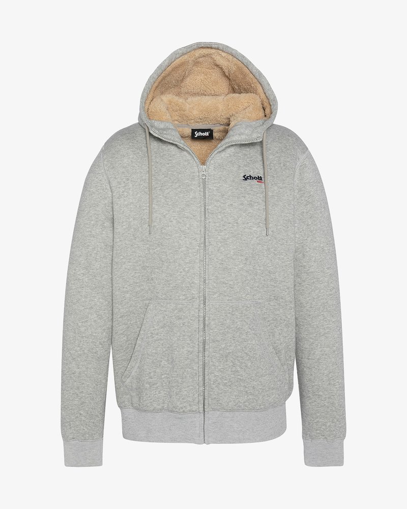 Felpa grigia con zip e cappuccio, con una morbida fodera in sherpa beige, tasche frontali e polsini e orlo a coste. Presenta il logo Schott sul petto.