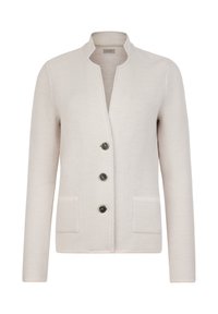 Jasno beżowy kardigan wykonany z textured materiału, z kołnierzem typu stójka, trzema ciemnymi guzikami i dwoma przednimi kieszeniami.