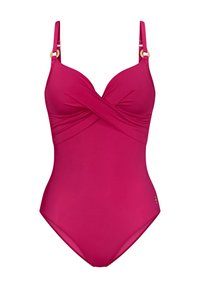 Bañador de una pieza fucsia con diseño de frente retorcido, tirantes ajustables y detalles metálicos dorados. Tela suave y elástica.