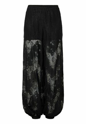 Czarne koronkowe spodnie z przezroczystym wzorem, zdobione kwiatowymi motywami. Elastyczny pas i marszczone mankiety przy kostkach nadają kształt balonów.