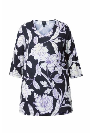 Oberteil mit Blumenmuster in Marineblau mit weißen und lavendelfarbenen Blumen. Mit V-Ausschnitt und kurzen Ärmeln; gefertigt aus leichtem, weichem Stoff.