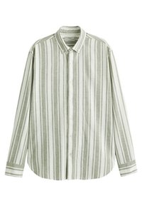 Camicia a maniche lunghe a righe verde chiaro e bianco. Design con bottoni e colletto a punta con orlo arrotondato. Tessuto morbido e texturizzato.