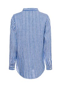 Blau-weiße gestreifte Langarmbluse aus leichtem Stoff, mit klassischem Kragen und abgerundetem Saum sowie mit Knopfabschlüssen.