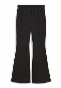 Pantalones deportivos negros acampanados con cintura elástica, con franjas laterales blancas, textura suave y tela lisa.