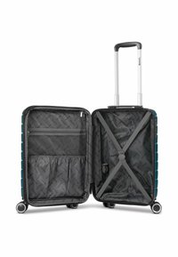 Hardshell-Koffer in Türkis mit grauem Innenleben. Zu den Merkmalen gehören ein ausziehbarer Griff, Spinner-Rollen und ein Kreuzriemen zur Sicherung von Gegenständen.