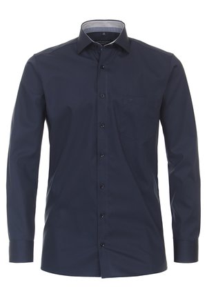 Marineblaue Langarmshirts, mit Knopfleiste vorne, einer Brusttasche, taillierter Schnitt, strukturiertem Kragenfutter, aus glattem Stoff gefertigt.