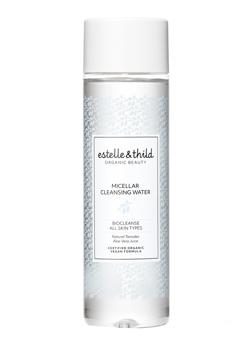 Bouteille transparente avec un motif floral bleu clair, bouchon blanc et une étiquette indiquant "Eau Micellaire" en texte noir. Formule vegan.