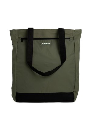 Borsa tote verde oliva con manici e fondo neri, tasca frontale con zip e toppa con logo K-Way al centro.