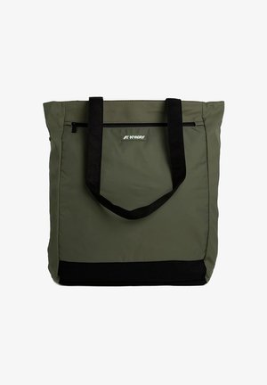 Borsa tote verde oliva con manici e fondo neri, tasca frontale con zip e toppa con logo K-Way al centro.