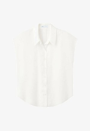 Blouse blanche sans manches boutonnée, avec un col classique et un ourlet légèrement arrondi, présentée sur un fond blanc uni.