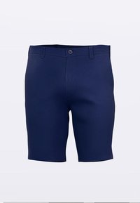 Shorts bleu marine en tissu lisse avec une coupe droite, dotés d'une fermeture à bouton et de poches avant.