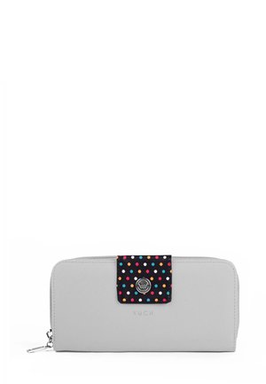 Gray faux leather wallet with a black polka dot accent flap featuring pink, orange, and blue dots. Silver logo hardware included.