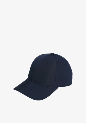 Marineblauwe baseballpet van stof, met een gebogen klep, zes panelen, ventilatiegaatjes en een knop bovenop.