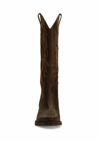 Tall brown leather cowboy boot with decorative stitching and pull straps on both sides, shown from the front on white background.