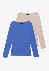 Two long-sleeve tops: one in blue and one in beige. Both have a rounded neckline and are made of smooth, lightweight fabric.