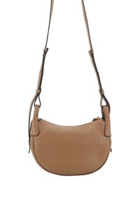 Braune Leder-Crossbody-Tasche mit verstellbarem Träger und goldfarbener Reißverschlussöffnung, entworfen in einer runden, kompakten Form.