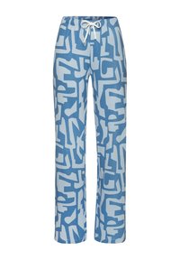 Light blue pants with a large, abstract white pattern. Features an elastic waistband with drawstring and a relaxed fit. Cotton material.