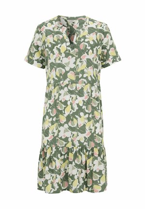 Kortærmet, knælængde grøn kjole med pink, hvidt og gult blomsterprint, V-hals og lagdelt flæsekant.