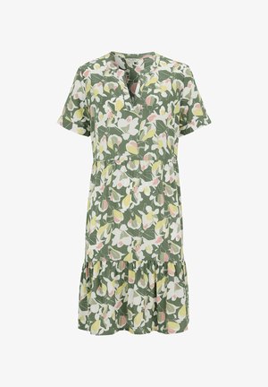 Kurzärmeliges, knielanges grünes Kleid mit pinkem, weißem und gelbem Blumenmuster, V-Ausschnitt und gestuftem Rüschen-saum.