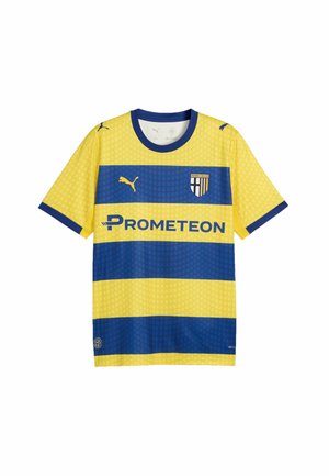 Maillot de sport rayé jaune et bleu avec le blason du Parma Calcio, les logos Puma et le texte du sponsor Prometeon sur le devant.