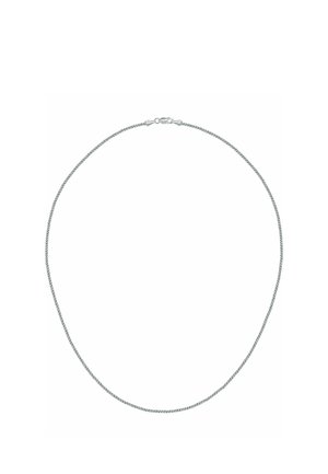 Dünne silberne Kette mit Karabinerverschluss, in kreisförmiger Form auf weißem Hintergrund dargestellt.