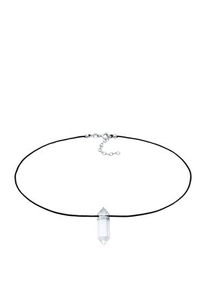 Black cord choker featuring a clear quartz crystal pendant, with a pointed shape and smooth texture, secured with a silver-tone clasp.