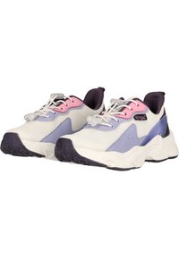 Sneaker mit einem Obermaterial aus Mesh in Weiß, Lavendel und Pink sowie Gummisohlen. Die schnürsenkellose Ausführung enthält einen Toggle-Verschluss und einen gepolsterten Kragen.