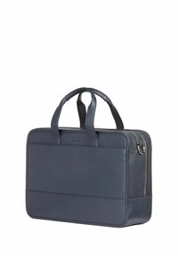 Granatowa skórzana teczka na dokumenty z podwójnymi uchwytami, zamkiem błyskawicznym, gładką fakturą oraz subtelnym logo z przodu. Posiada elegancki, prostokątny kształt.