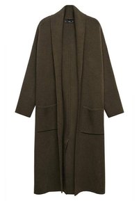 Langer, offener Cardigan in dunkelolivgrün, aus weichem Stoff gefertigt. Mit weiten Ärmeln und zwei vorderen Taschen. Minimalistisches Design.