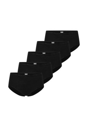 Fünf schwarze Baumwollslips in versetzter Reihe angeordnet, jeweils mit einem kleinen weißen Etikett in der Mitte des Bunds.