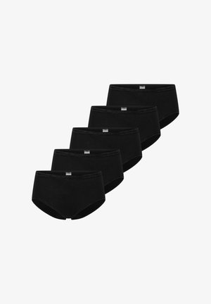 Fünf schwarze Baumwollslips in versetzter Reihe angeordnet, jeweils mit einem kleinen weißen Etikett in der Mitte des Bunds.