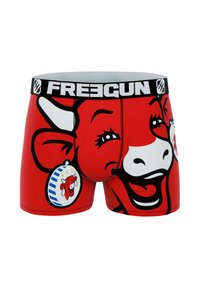 Boxers rouges pour hommes avec un motif de vache, ceinture noire ornée du logo "FREEGUN" et détails humoristiques dans un style cartoon.