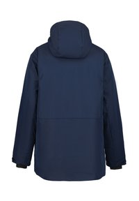 Giacca invernale blu navy con cappuccio, maniche lunghe e polsini regolabili vista da dietro su uno sfondo bianco.
