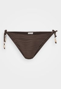 Brown bikini bottom with wave-pattern texture, adjustable tie sides, and small decorative beads on the ties. Material: smooth and stretchy.