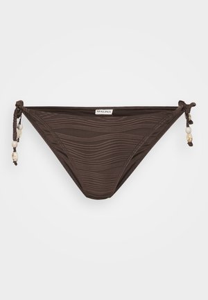 Brown bikini bottom with wave-pattern texture, adjustable tie sides, and small decorative beads on the ties. Material: smooth and stretchy.